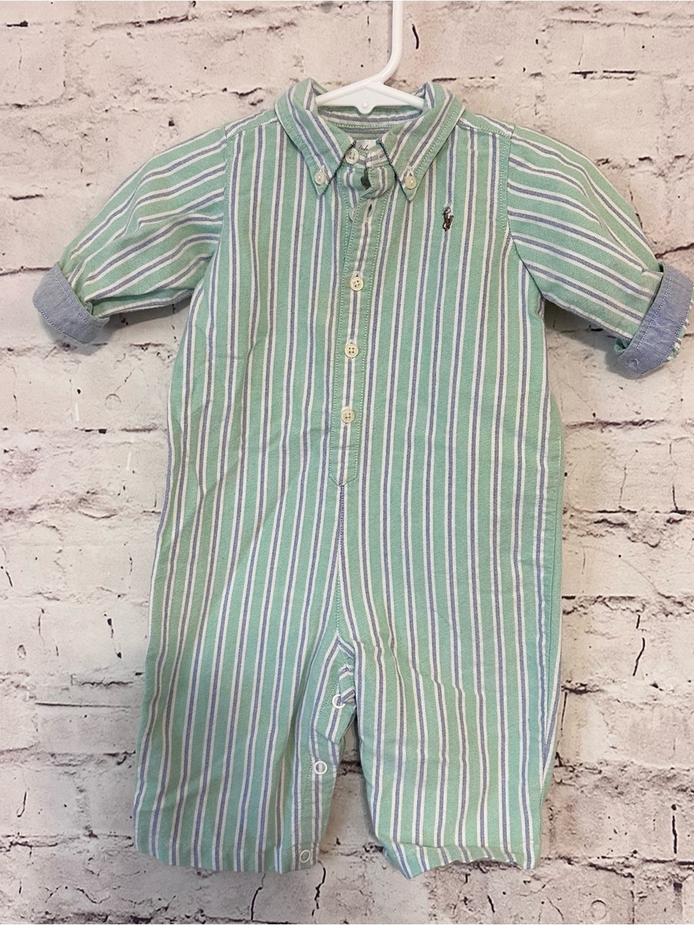 Ralph Lauren Green and White Striped Baby One-Piece